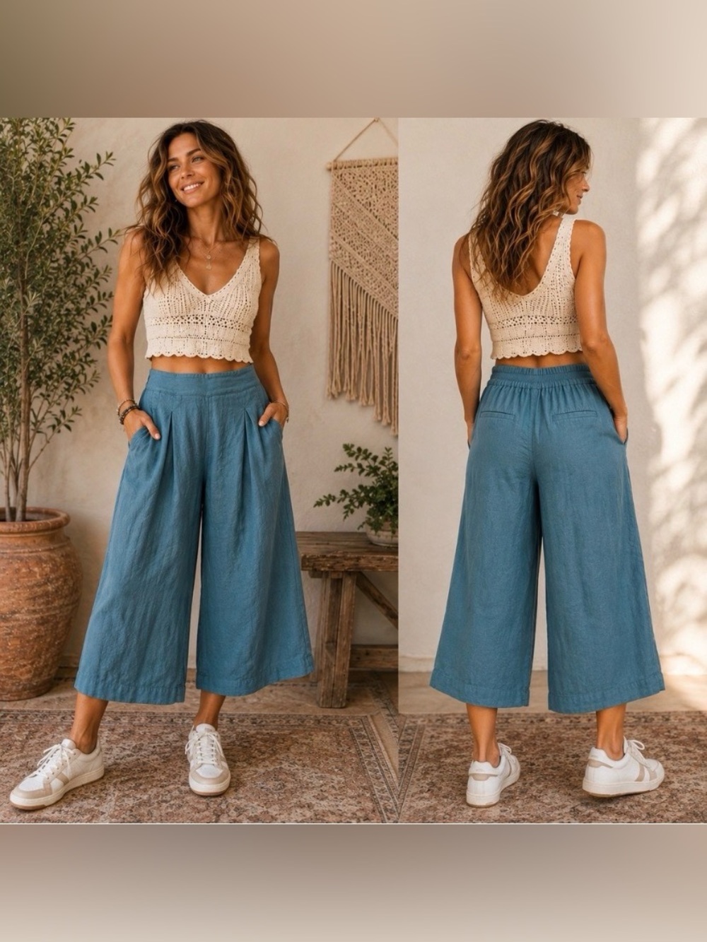 Athleta Playa Linen Wide Leg Crop Pants Teal Blue 100% Linen Zip Pockets